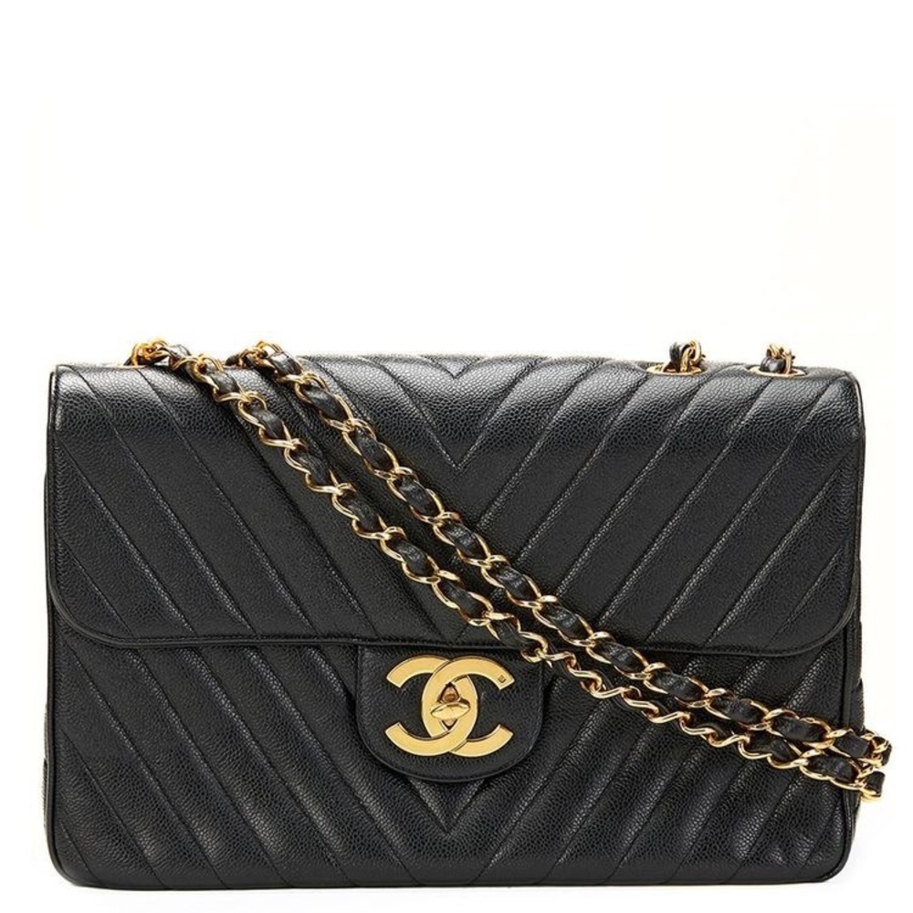 CHANEL Jumbo Black and Gold Chain Shoulder Bag Vintage